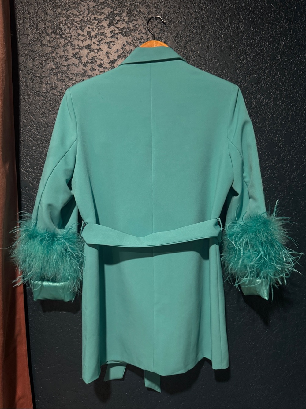 Club L London Teal Feather-Cuff Belted Blazer - Picture 4 of 5